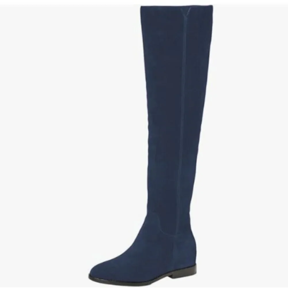 Blue Womens Almond Toe Knee High Boots with Partial Zippers Stretchy Long Boot